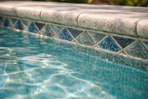 Pool tile cleaning Orlando shown by a close view of a residential pool waterline where sunlight reflections highlight a faint buildup line along the tile.