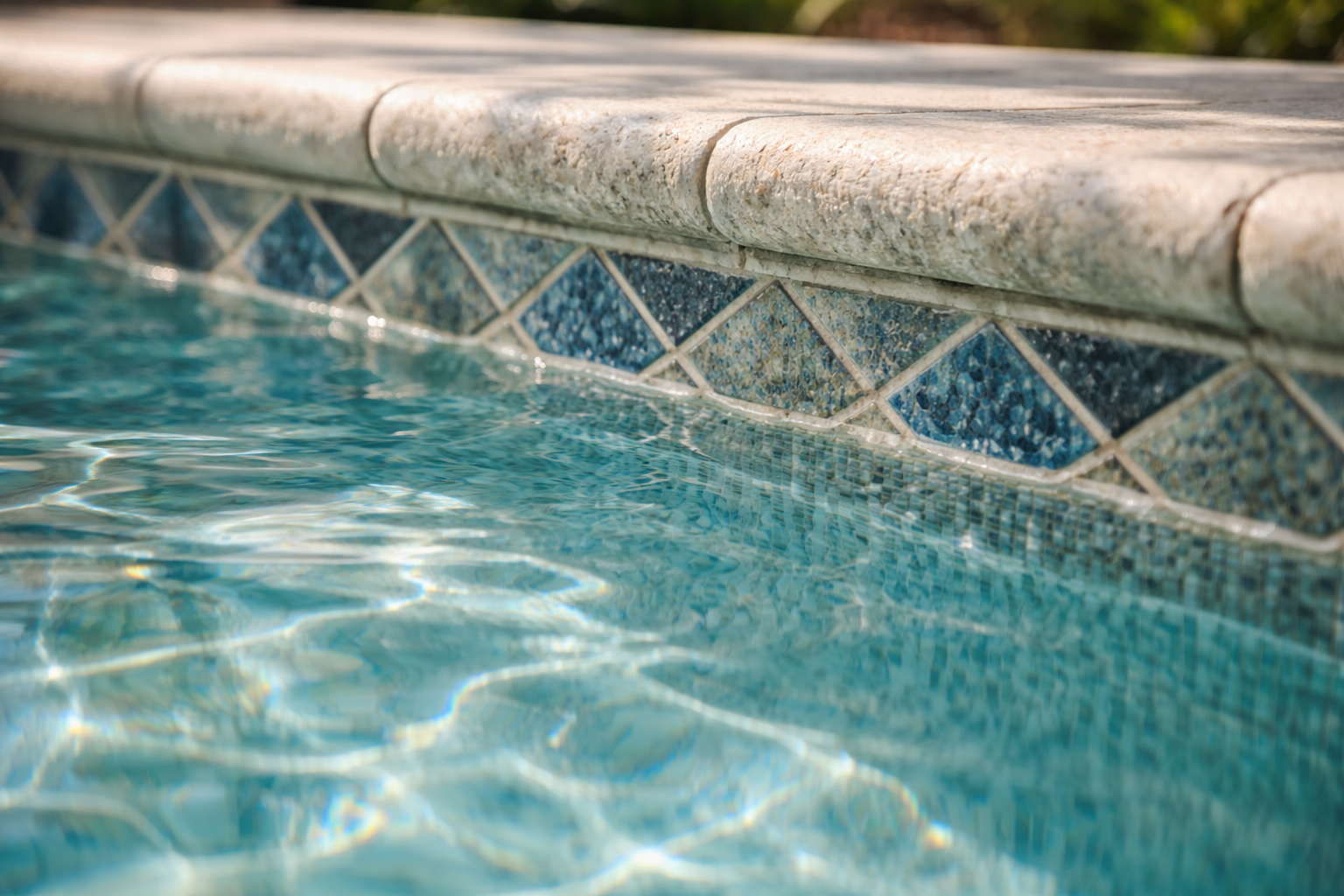 Pool tile cleaning Orlando shown by a close view of a residential pool waterline where sunlight reflections highlight a faint buildup line along the tile.