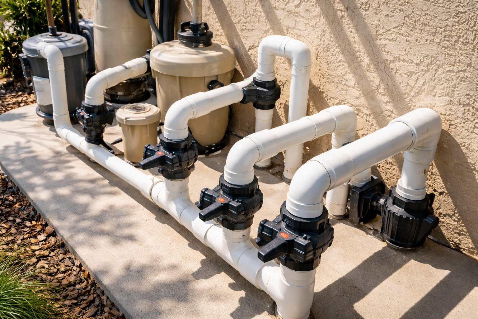 Pool valve repair Orlando shown by a clean pool equipment setup with distinct plumbing lines and directional valve handles in bright Florida daylight.