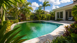 Green pool Orlando shown by a residential pool with a subtle green tint near a shaded garden edge in bright early-summer light.