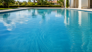 Pool return flow Orlando shown by a clean residential pool surface with one faint ripple line fading into otherwise still blue water.