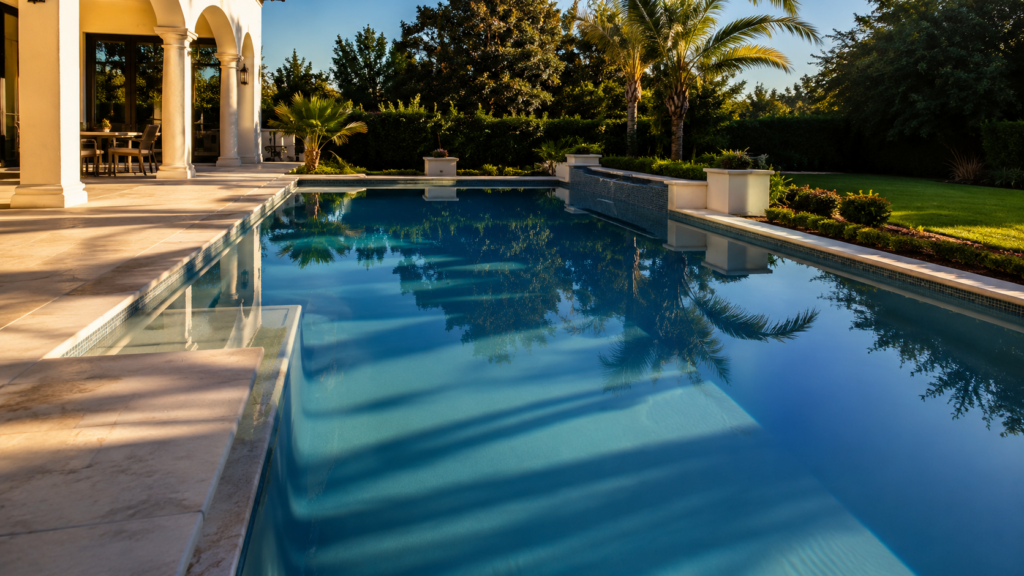 Pool timer repair Orlando shown by a residential pool where strong afternoon sun and long shadows suggest the system is missing the right run time window.