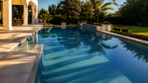 Pool timer repair Orlando shown by a residential pool where strong afternoon sun and long shadows suggest the system is missing the right run time window.
