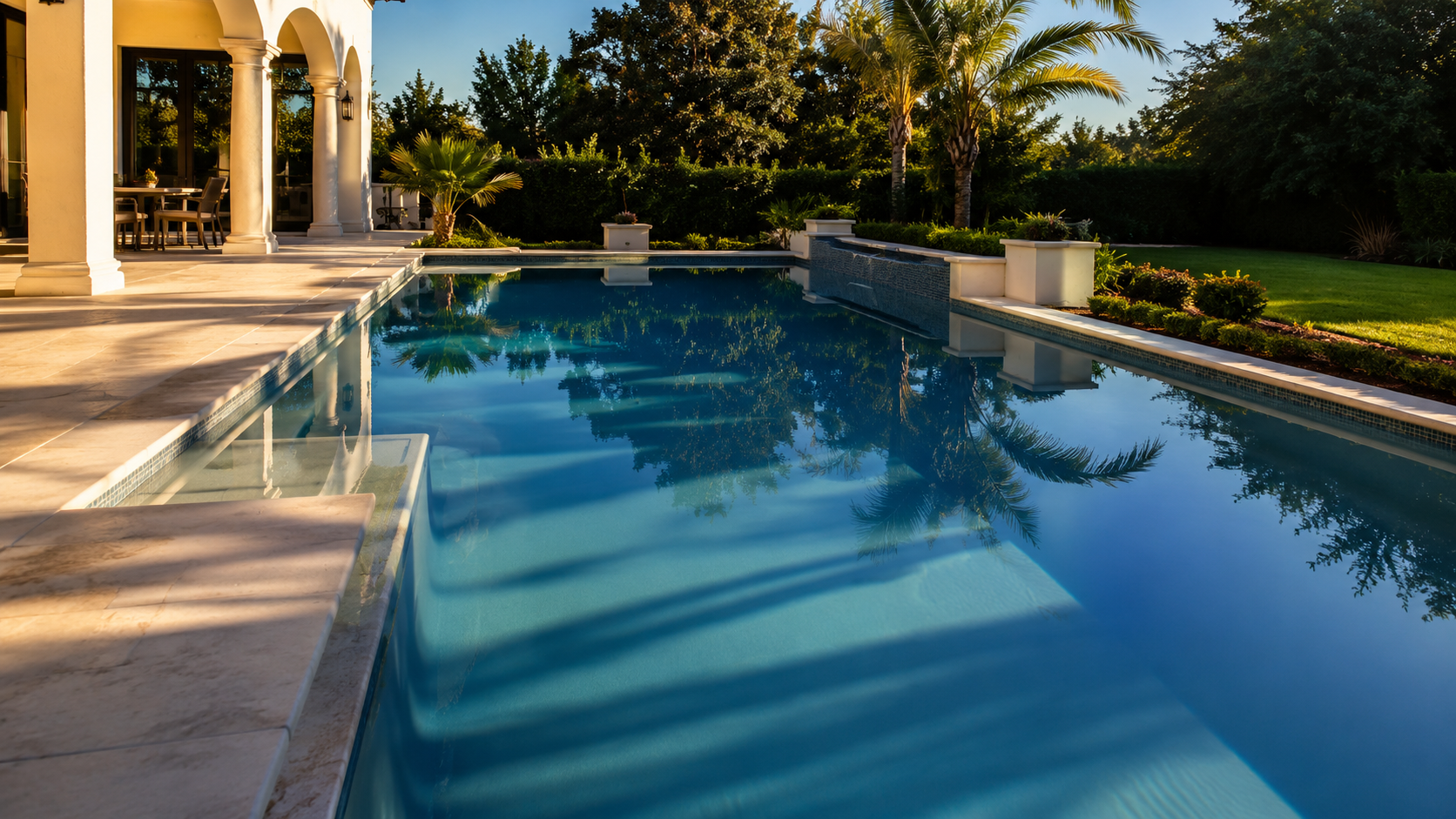 Pool timer repair Orlando shown by a residential pool where strong afternoon sun and long shadows suggest the system is missing the right run time window.