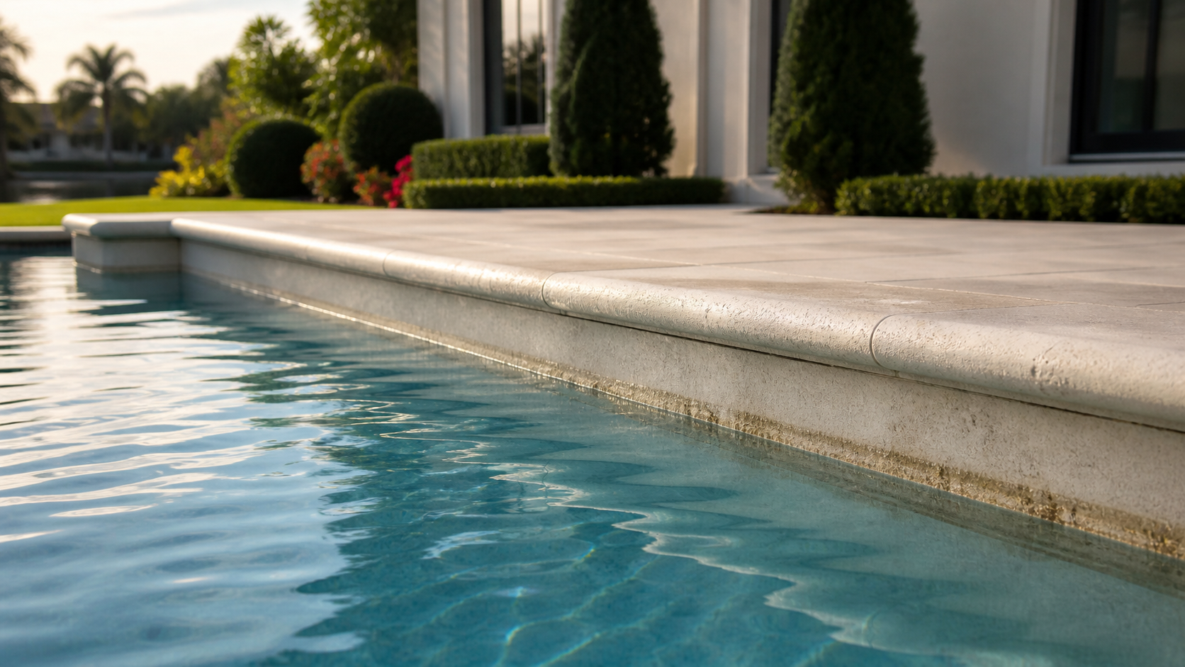 Pool water loss Orlando shown by a residential pool with a visibly lowered waterline exposing a pale band just beneath the coping in soft morning light.