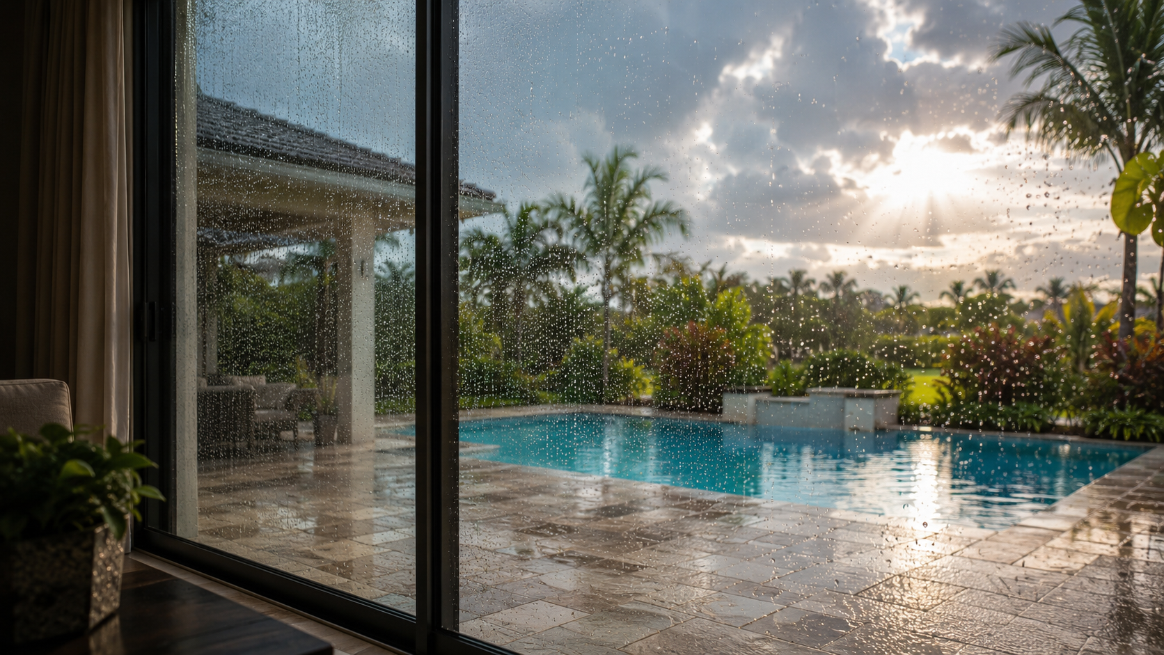 Summer pool service Orlando shown by a clean backyard pool seen through a rain-speckled glass door after a Florida afternoon storm.