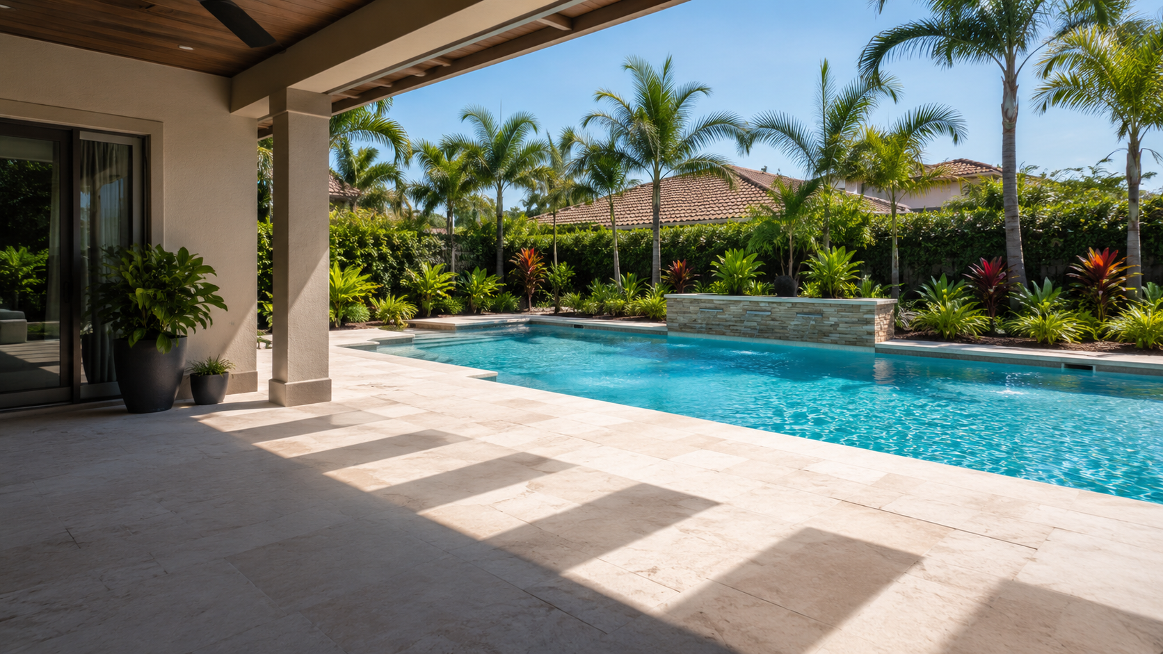 Pool automation service Orlando shown by a clean backyard pool viewed from a shaded lanai with neat schedule-like sunlight bands across the patio.