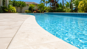 Pool cleaning Orlando shown by a freshly cleaned residential pool edge with sparkling blue water and bright summer sunlight along the coping.