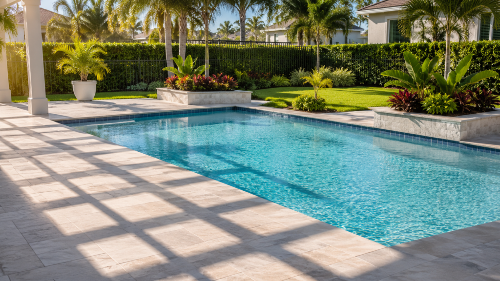Pool maintenance Orlando shown by a clean residential pool with soft morning reflections and a subtle calendar-like shadow pattern across the patio.