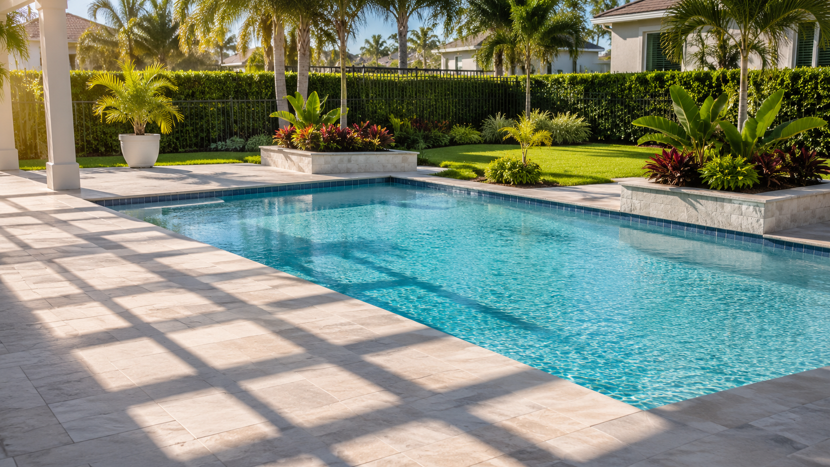 Pool maintenance Orlando shown by a clean residential pool with soft morning reflections and a subtle calendar-like shadow pattern across the patio.