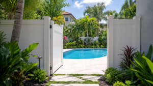 Pool service Orlando shown by a clean backyard pool seen beyond a shaded side path and white privacy gate, ready for a summer weekend.
