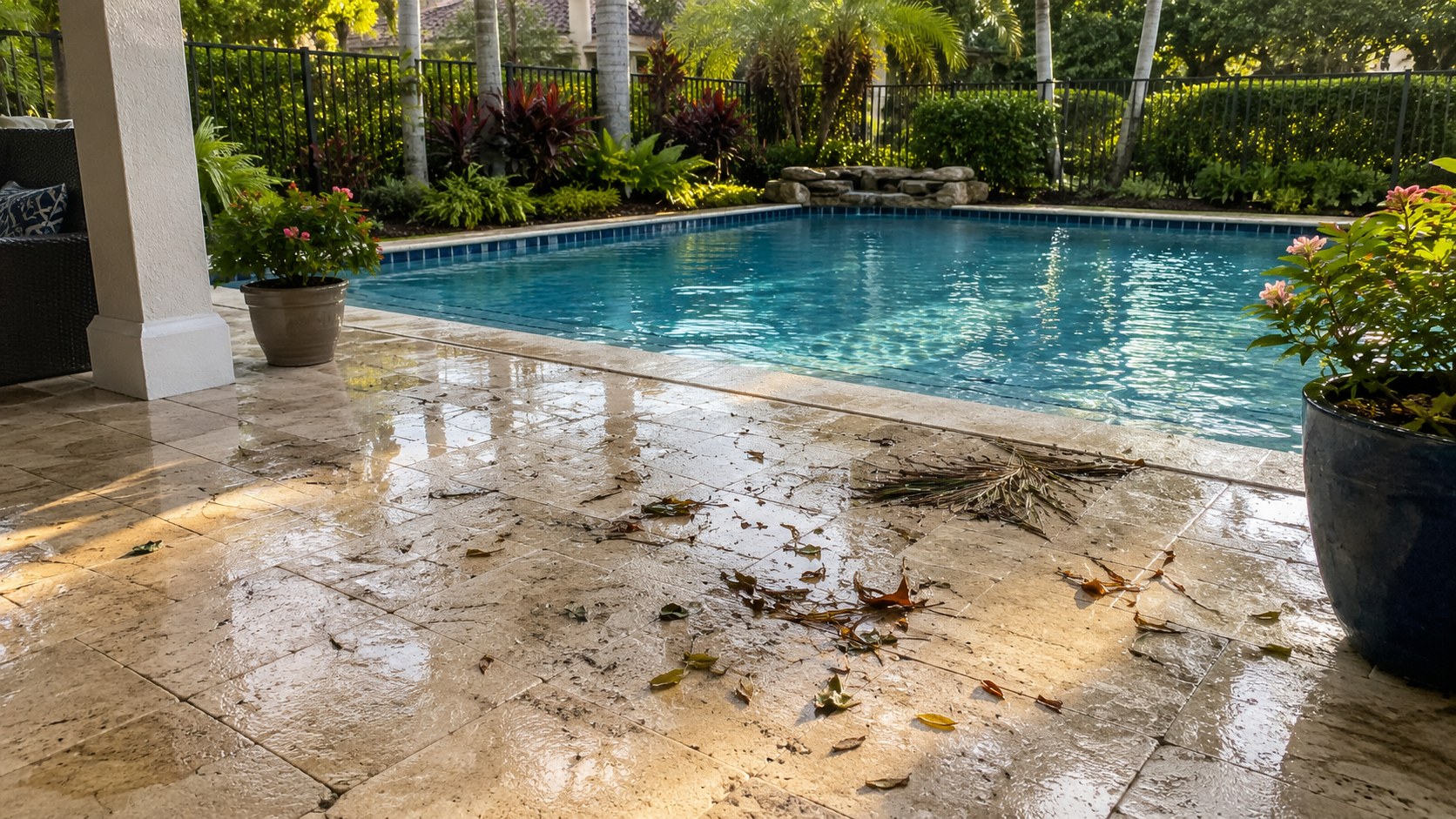 Pool storm cleanup Orlando shown by a clean residential pool beyond a wet patio with light storm debris gathered near the edge.
