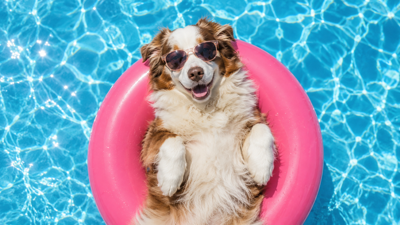 Summer pool cleaning Orlando shown by an Australian Shepherd smiling on a pink pool float in a top-down pool view, fully surrounded by clear blue water.