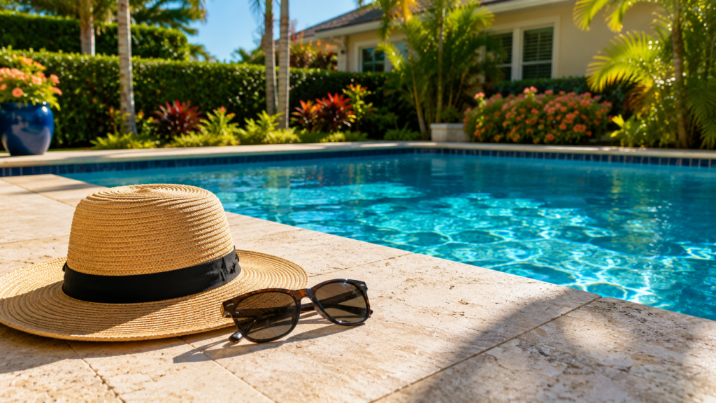 Vacation pool service Orlando shown by a clean backyard pool with a sun hat and sunglasses resting on a dry patio ledge before summer travel.