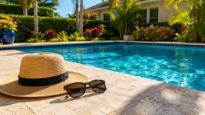 Vacation pool service Orlando shown by a clean backyard pool with a sun hat and sunglasses resting on a dry patio ledge before summer travel.
