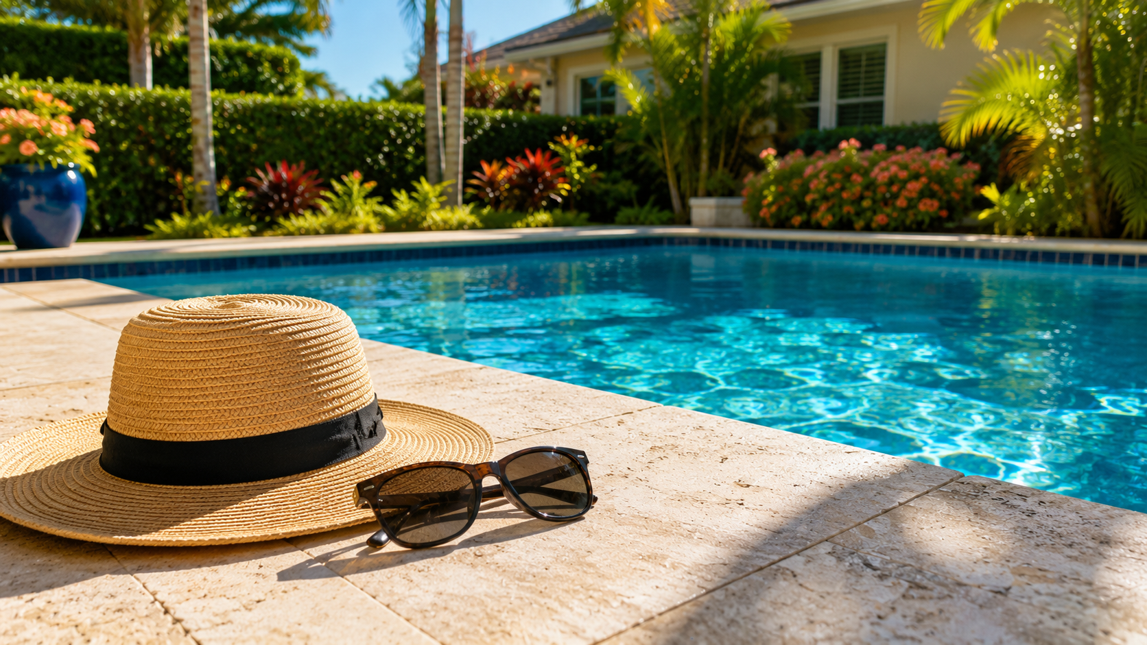Vacation pool service Orlando shown by a clean backyard pool with a sun hat and sunglasses resting on a dry patio ledge before summer travel.