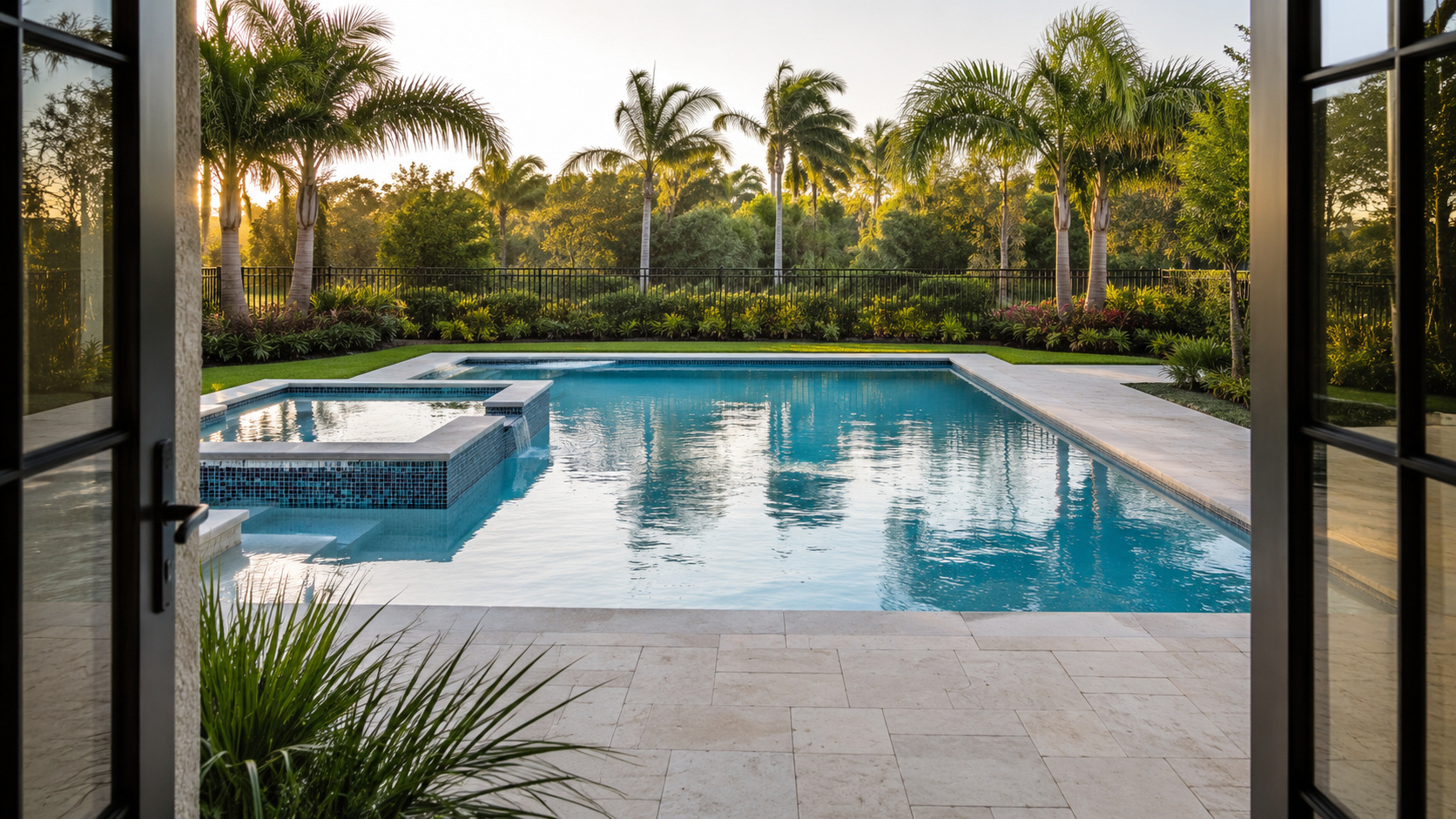 Weekly pool service Orlando shown by a clean backyard pool in soft morning light with fresh water reflections and a ready-for-summer feel.