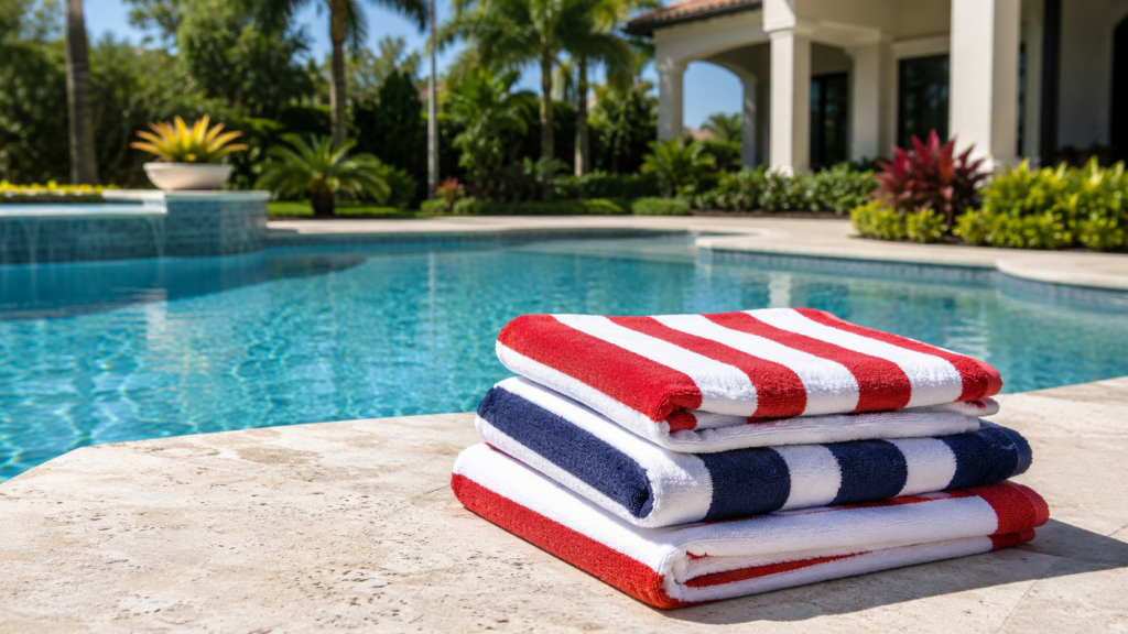 Holiday pool service Orlando shown by a clean backyard pool with neatly folded red, white, and blue towels on a dry patio ledge before guests arrive.