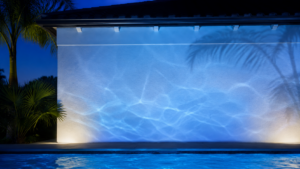 Pool lighting upgrade Orlando shown by elegant blue water reflections moving across a white stucco wall beside a residential pool at night.