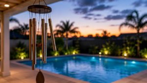 Pool pump noise Orlando shown by a quiet residential pool at twilight with a hanging wind chime subtly displaced near the covered lanai.