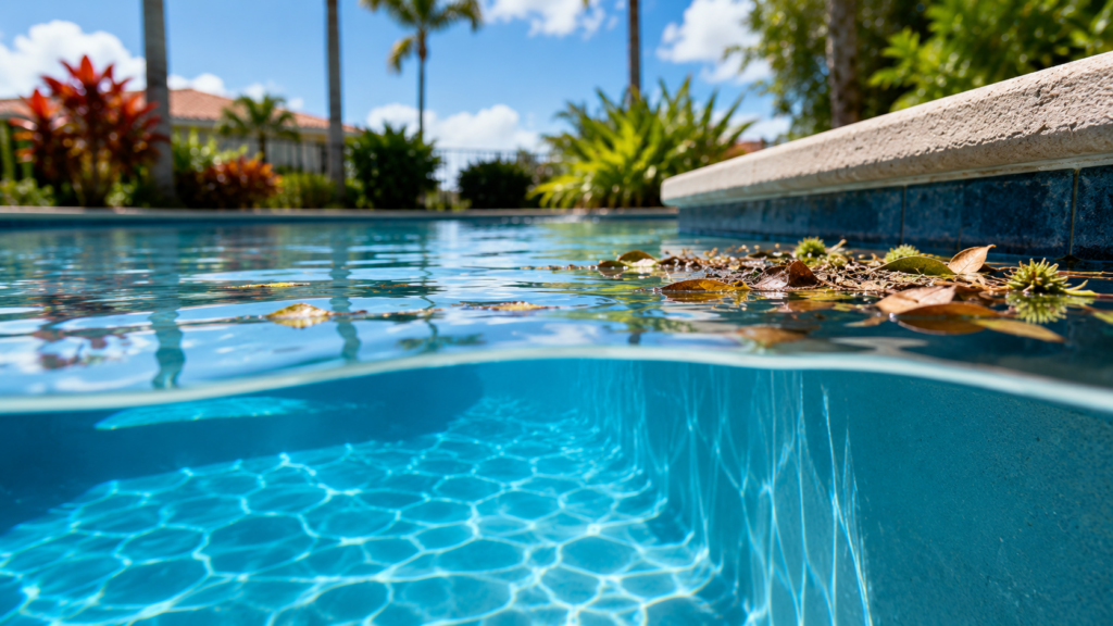 Pool skimmer service Orlando shown by a split-level pool view with light summer debris floating near a quiet corner above clear blue water.