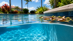 Pool skimmer service Orlando shown by a split-level pool view with light summer debris floating near a quiet corner above clear blue water.