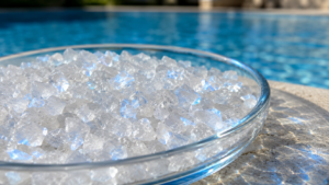 Salt system service in Orlando represented by coarse white salt crystals catching blue pool reflections in bright summer sunlight.