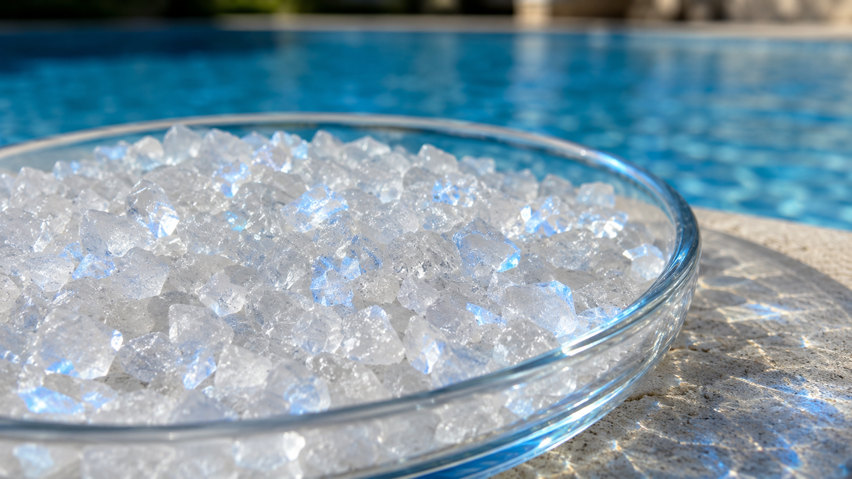 Salt system service in Orlando represented by coarse white salt crystals catching blue pool reflections in bright summer sunlight.