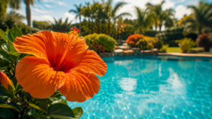 August pool care shown by a vivid orange hibiscus beside a clear blue residential pool in bright Orlando summer sunlight.