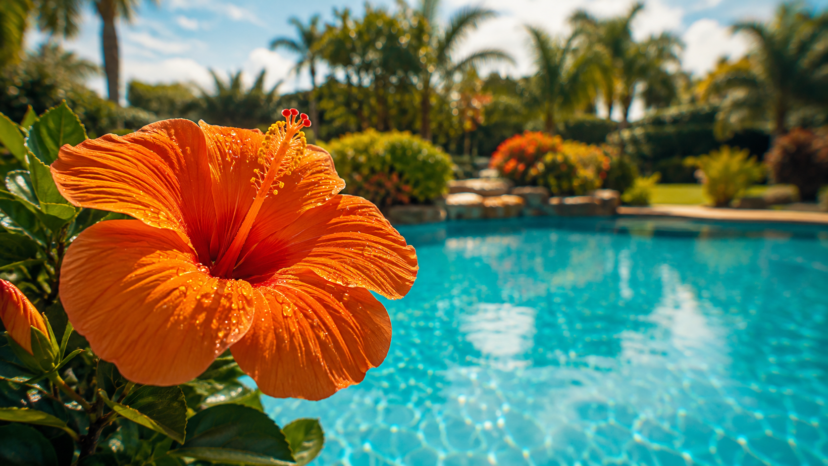 August pool care shown by a vivid orange hibiscus beside a clear blue residential pool in bright Orlando summer sunlight.