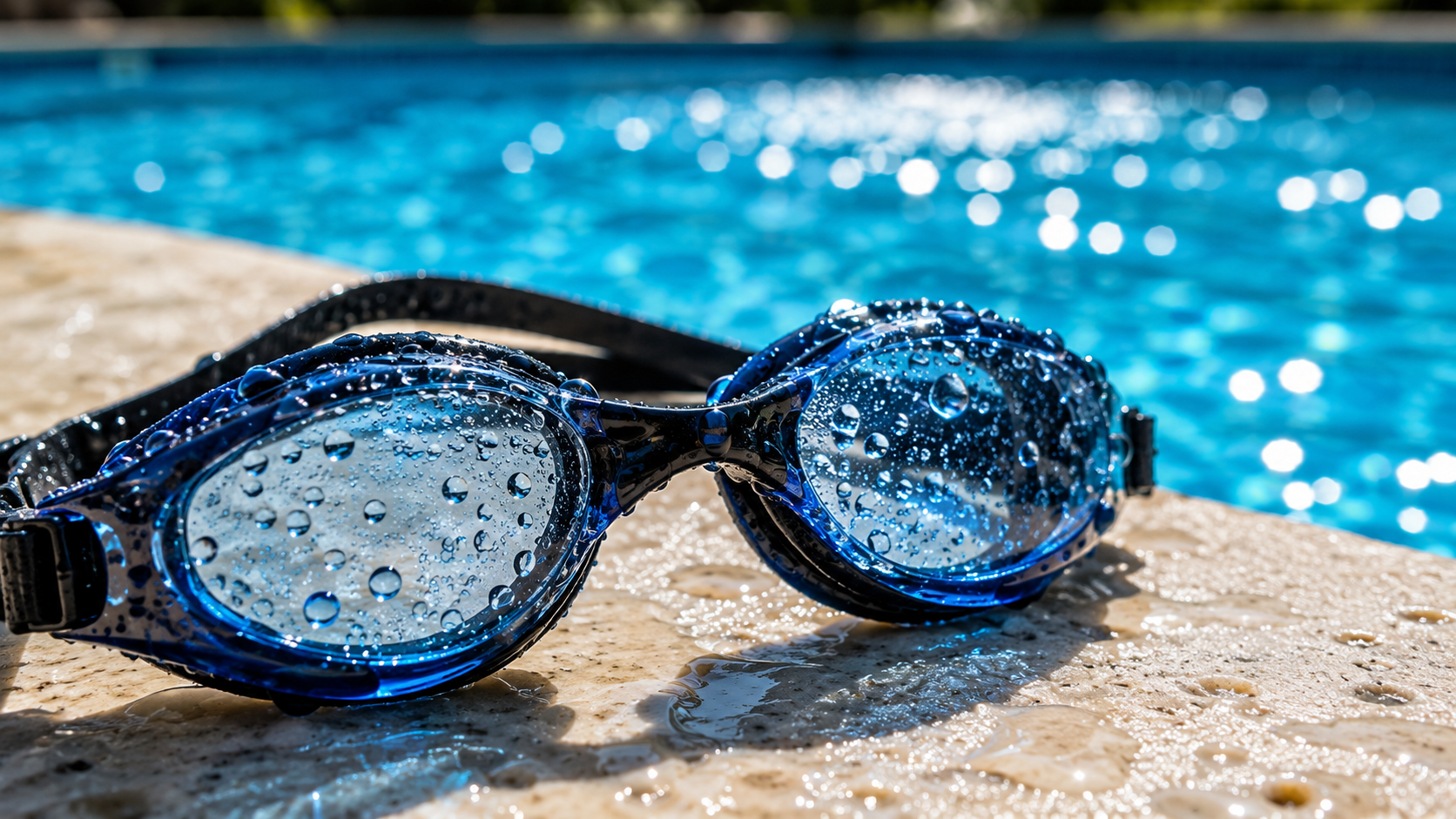 Pool smells like chlorine illustrated by wet swim goggles covered in sparkling droplets beside clear blue pool water in Orlando.