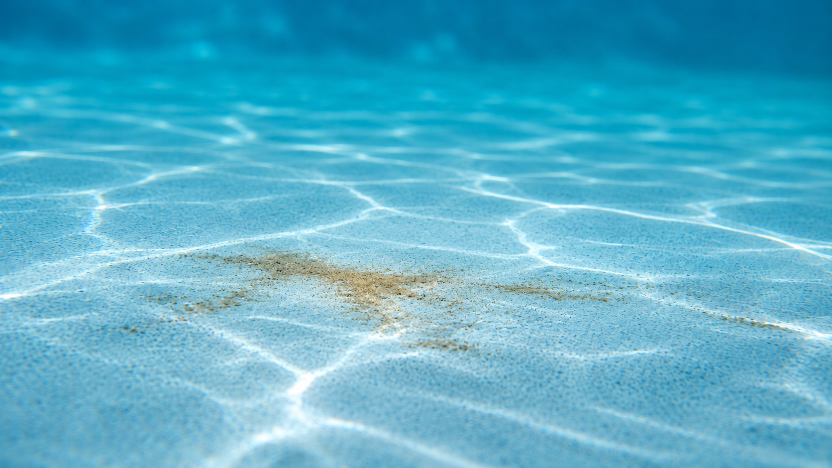 Sand in pool shown by a small patch of fine tan grit resting on the clean blue floor of an Orlando residential swimming pool.