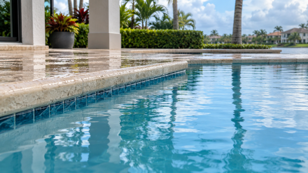 High water level shown by clear pool water sitting unusually close to the coping after heavy Florida rain.