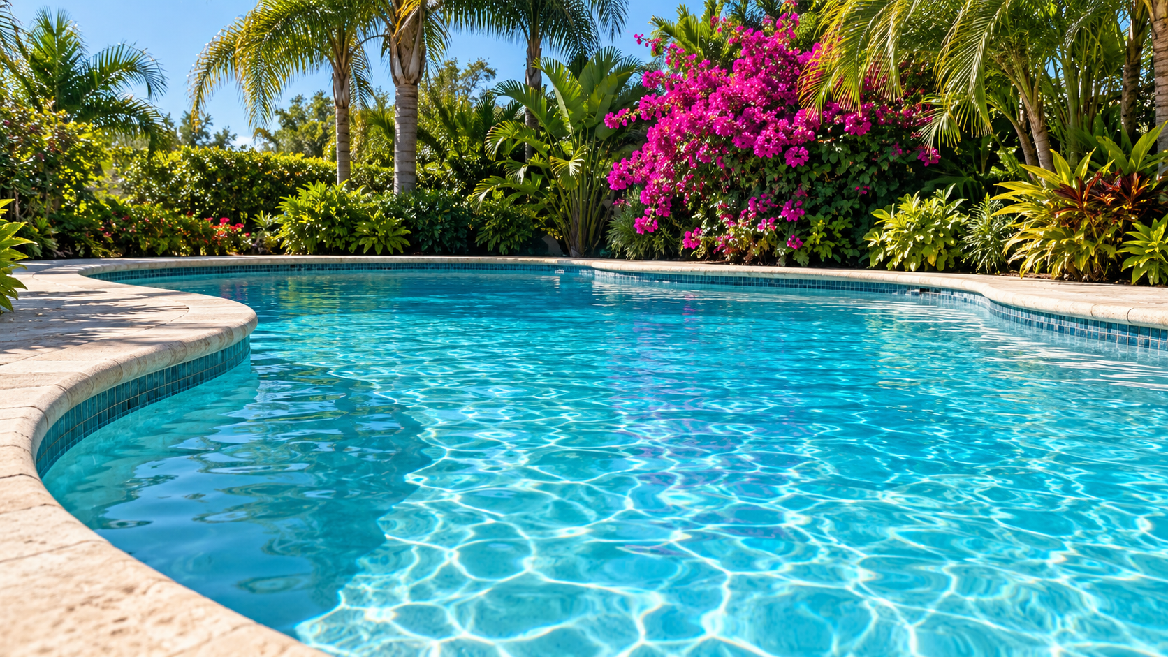 Low pool filter pressure article featuring a clear blue residential swimming pool surrounded by bright Florida landscaping.