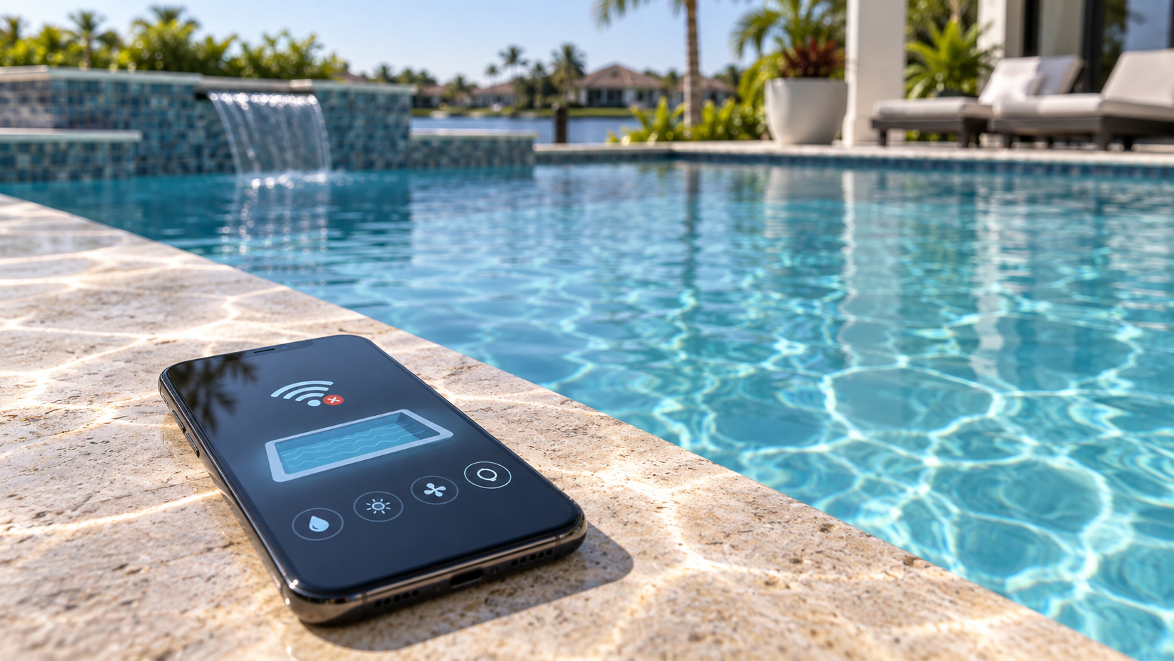Pool automation app shown on a smartphone beside a clear Orlando residential pool with a disconnected wireless symbol on the screen.