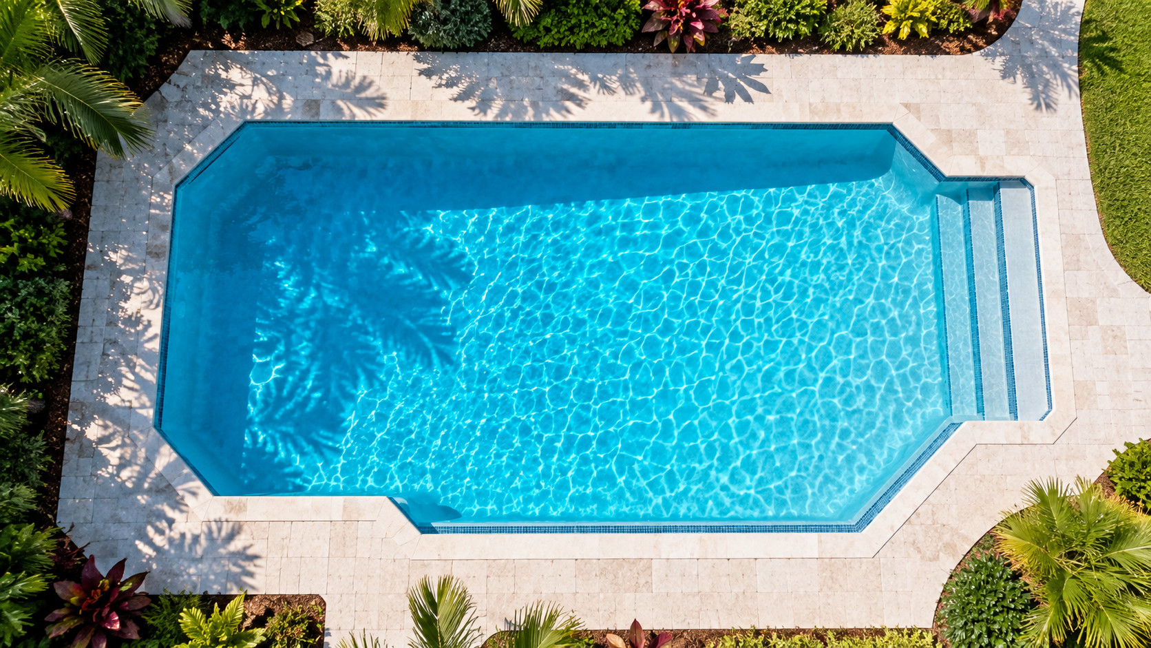 Pool automation FAQ shown by a complete Florida residential pool viewed from directly overhead in bright morning sunlight.
