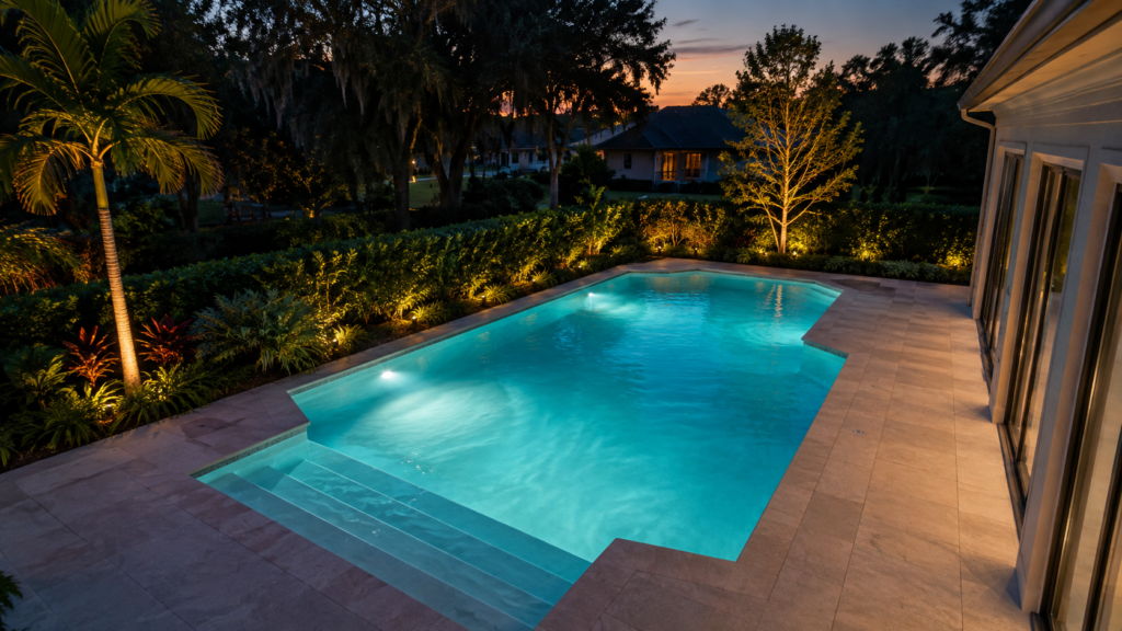 Pool automation upgrade shown by an existing Florida backyard pool smoothly transitioning into evening with its lighting already illuminated.