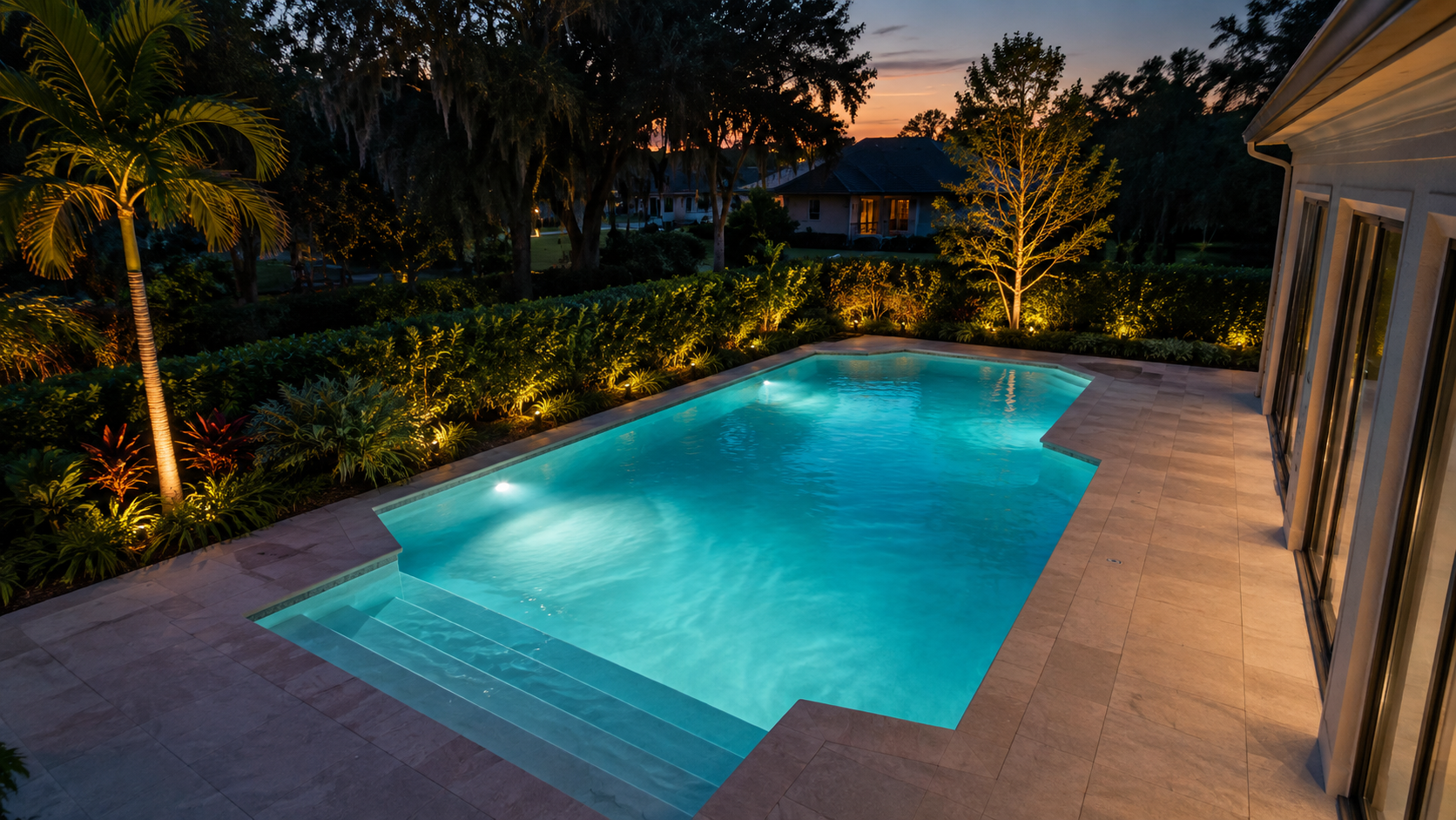 Pool automation upgrade shown by an existing Florida backyard pool smoothly transitioning into evening with its lighting already illuminated.