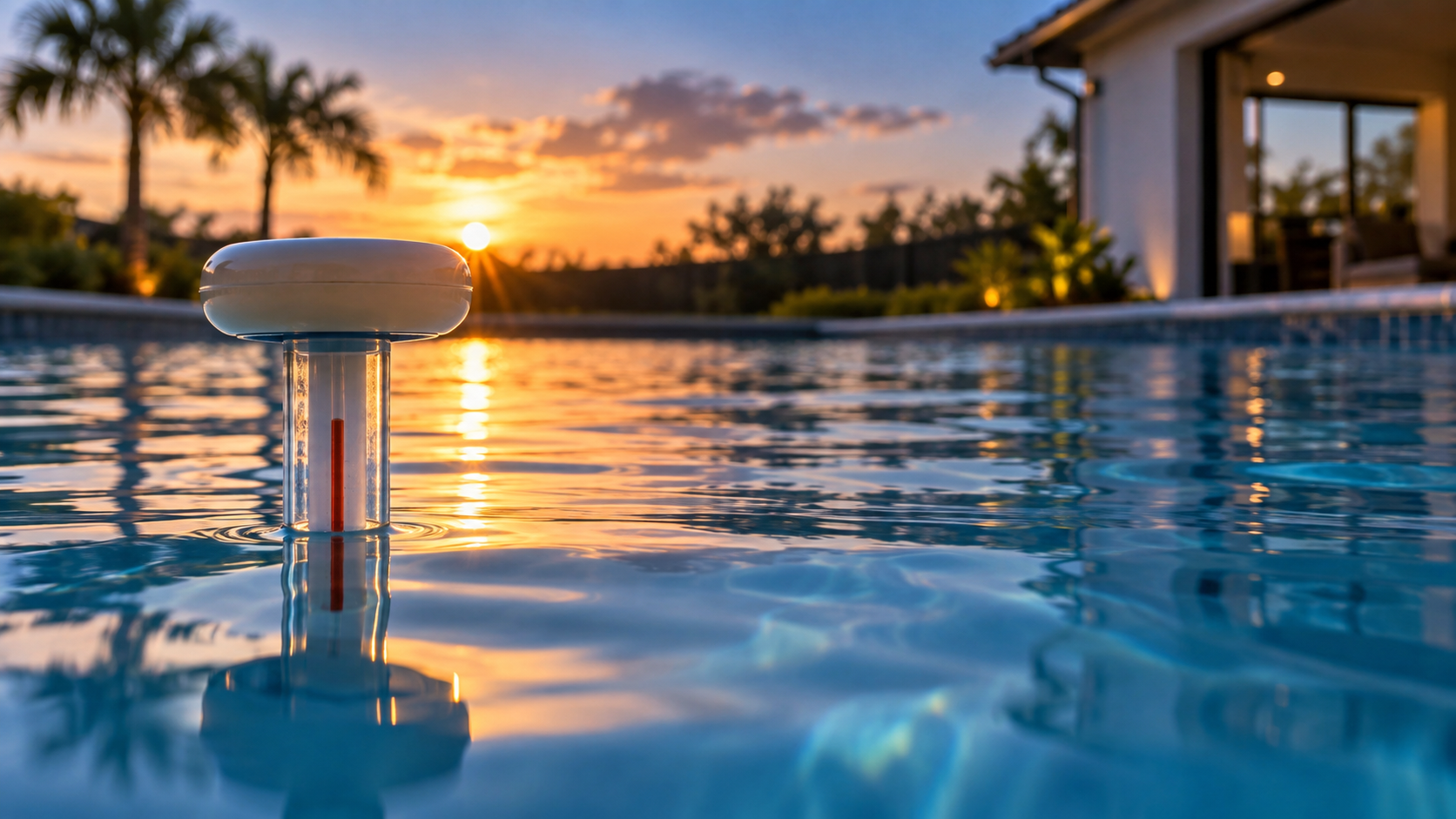 Pool heater keeps shutting off shown by a floating pool thermometer resting in clear blue water during a cool Florida evening.