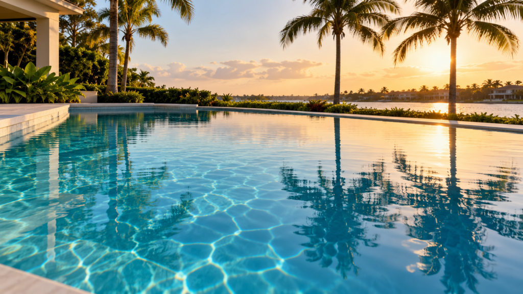 Pool pump making loud noise shown by a sound level meter on the deck beside a clear Orlando residential pool.