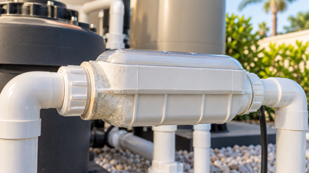 Salt system repair Orlando shown by a close-up of a clean residential salt chlorine generator cell installed on a Florida pool system.