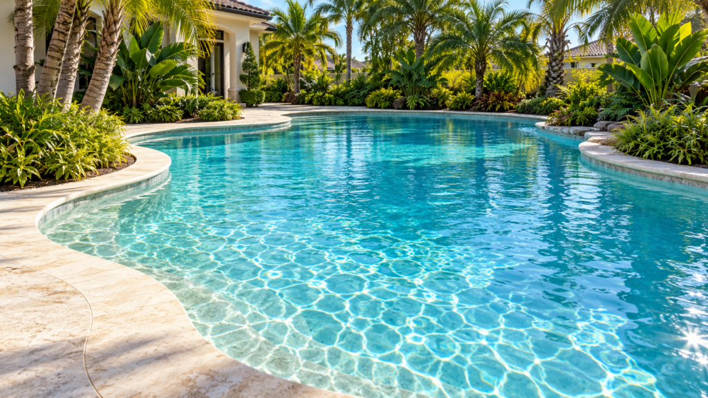 Pool low salt warning article featuring a crystal-clear turquoise residential swimming pool with pale stone decking and lush Florida palm landscaping.