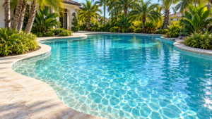 Pool low salt warning article featuring a crystal-clear turquoise residential swimming pool with pale stone decking and lush Florida palm landscaping.