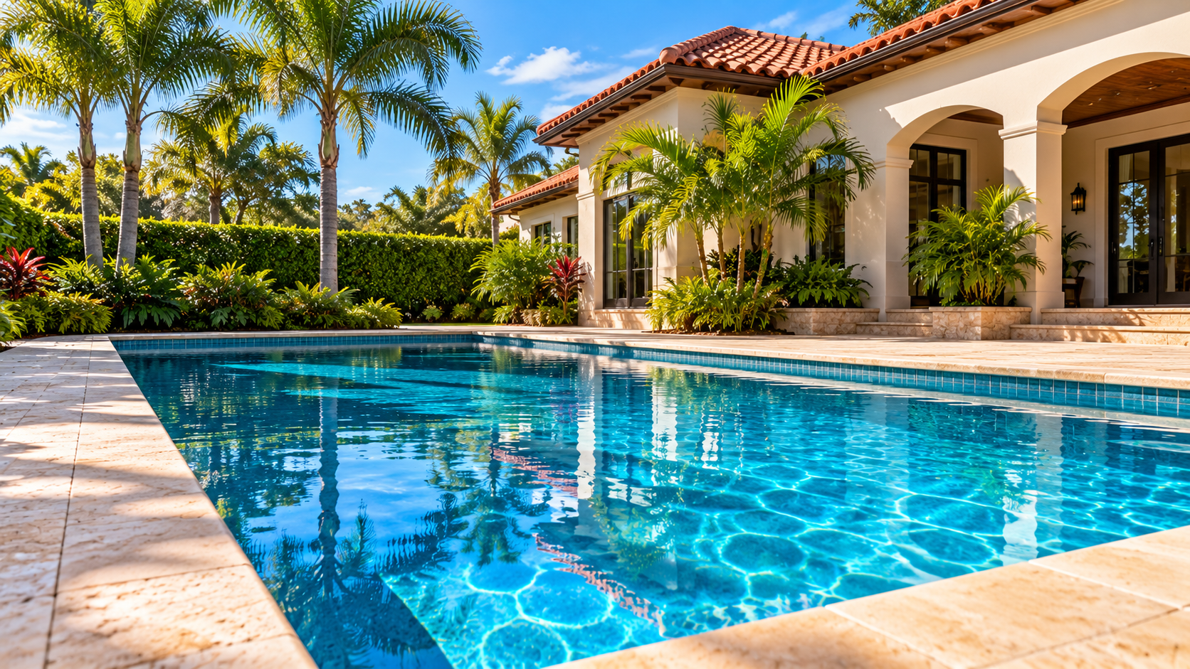 High pool filter pressure shown by a clear blue Orlando residential swimming pool beside warm terracotta-roofed Florida architecture.