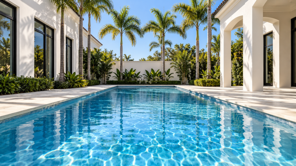 Pool automation schedule not working shown by a clear blue residential swimming pool in a bright modern Orlando courtyard.