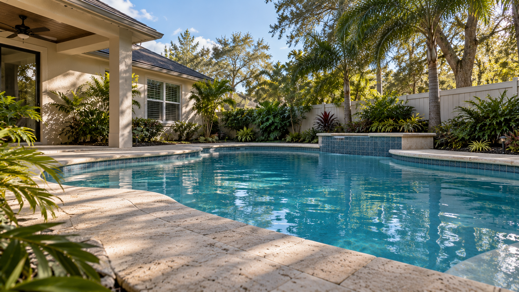 Pool filter pressure gauge not working shown by a realistic blue residential swimming pool in an ordinary Orlando backyard.