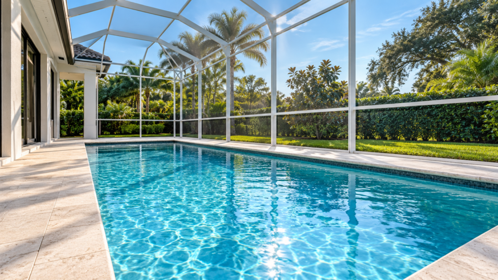 Pool heater running but not heating article featuring a beautiful clear blue Florida residential swimming pool beneath a spacious screened enclosure.