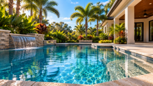 Pool heater won't ignite shown by a clear blue Orlando residential swimming pool beside a bright white Florida home with a charcoal roof.