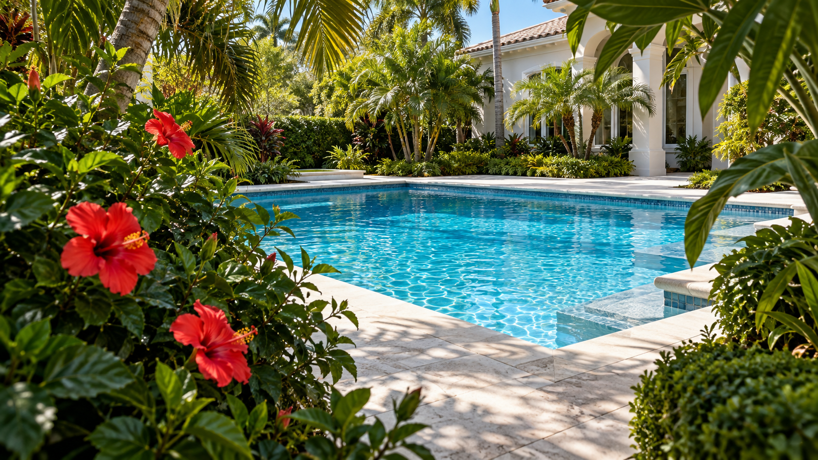 Pool pump humming but not starting article shown by a clear blue Orlando residential pool framed by lush tropical landscaping and red hibiscus.