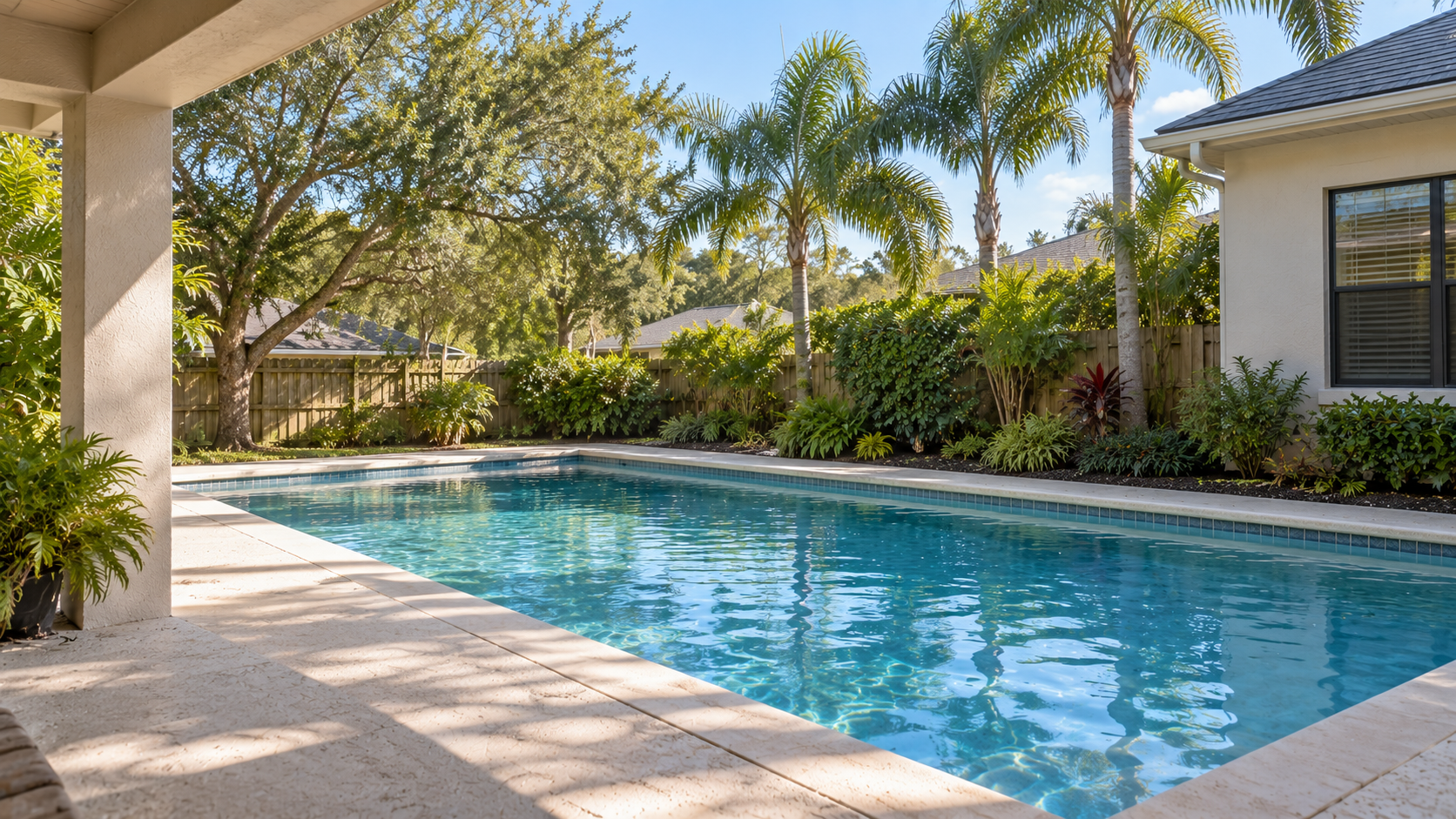Pool pump overheating shown by a clear blue Orlando residential lap pool surrounded by a bright lawn and layered Florida landscaping.